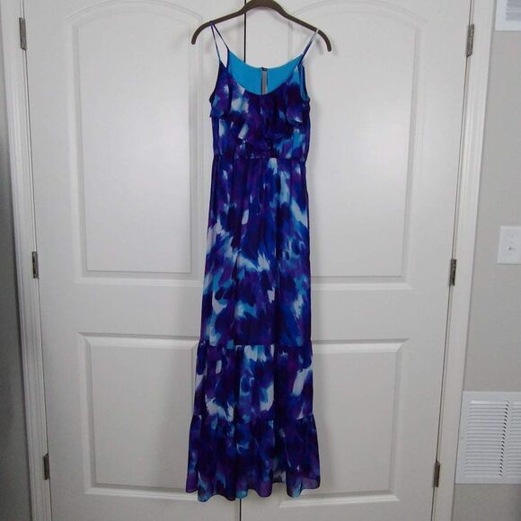 Bisou Bisou Purple, Royal Blue, White Spaghetti Strap Maxi Dress, Size 4 - Picture 1 of 14